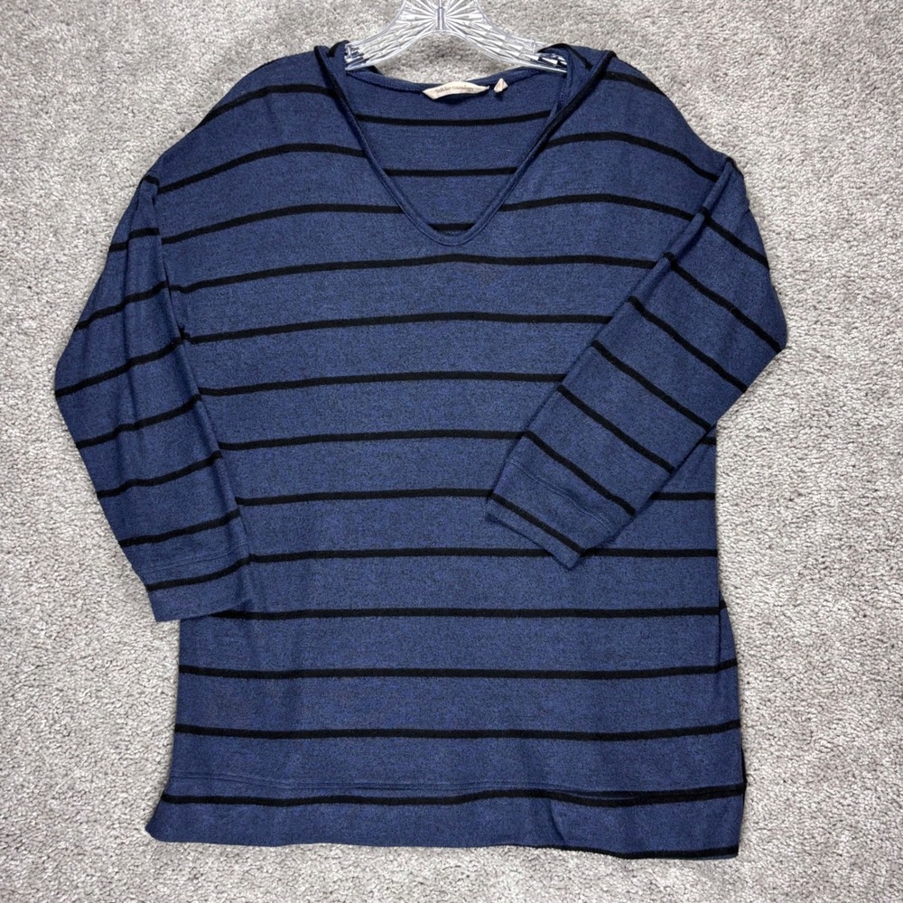 Soft Surroundings Blue Striped V-Neck Hooded Knit Top 2BD67 Womens Large‎ L USA